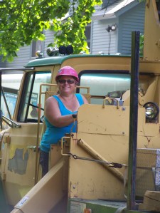 Vermont Jeep Girl Sue helps us move the historic timber frame