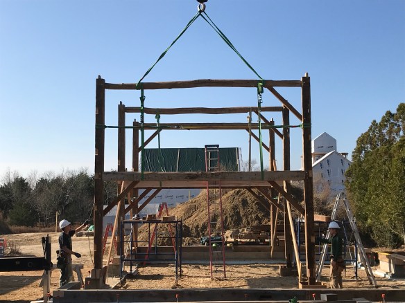 Bent three is set in place_Green Mountain Timber Frames