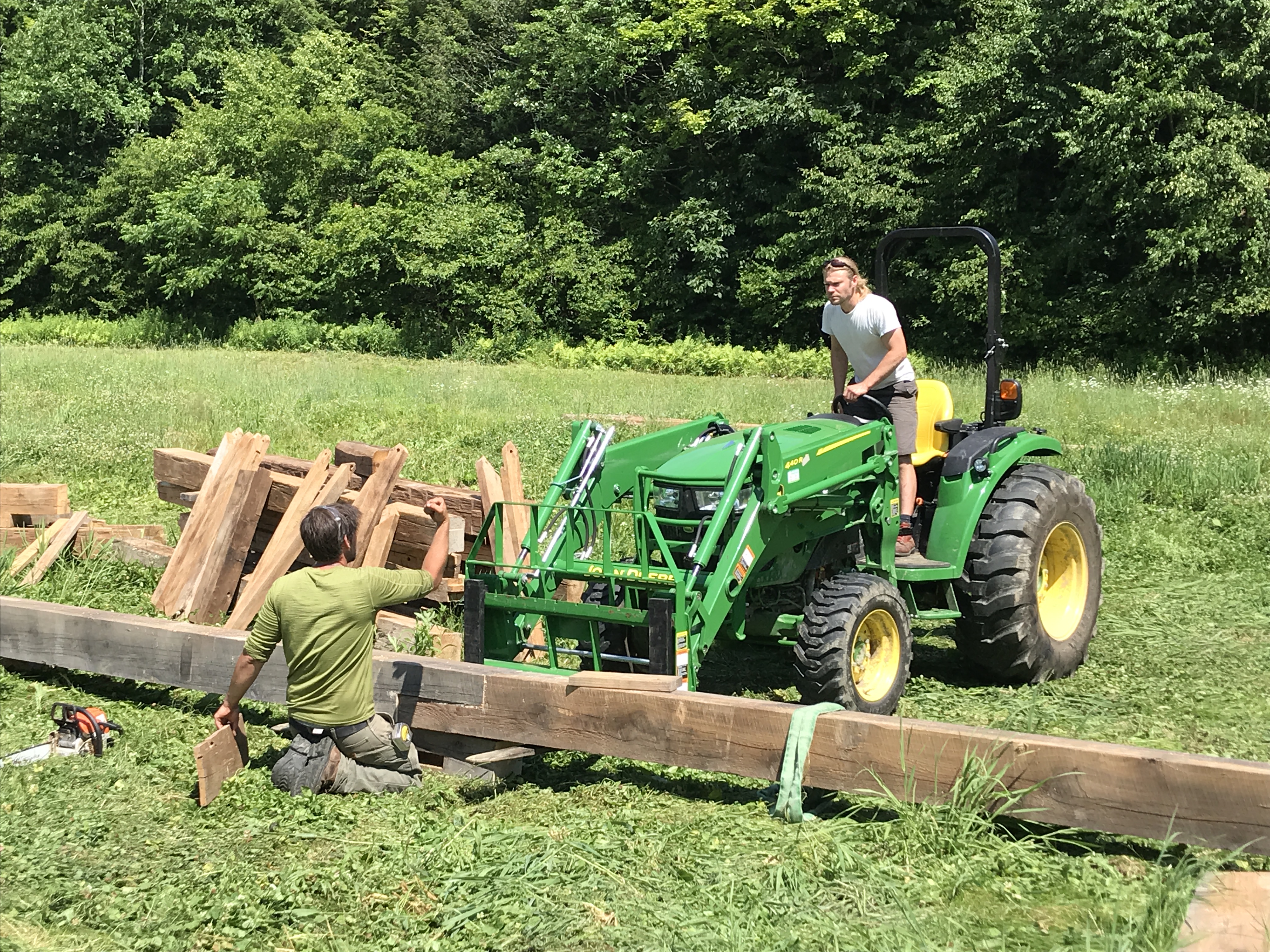 preparing 1790s timber frame for barn raising in Vermont